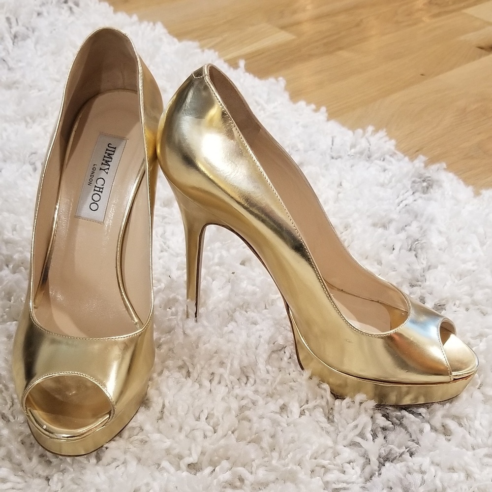 Jimmy Choo gold mirror peep toe heels
